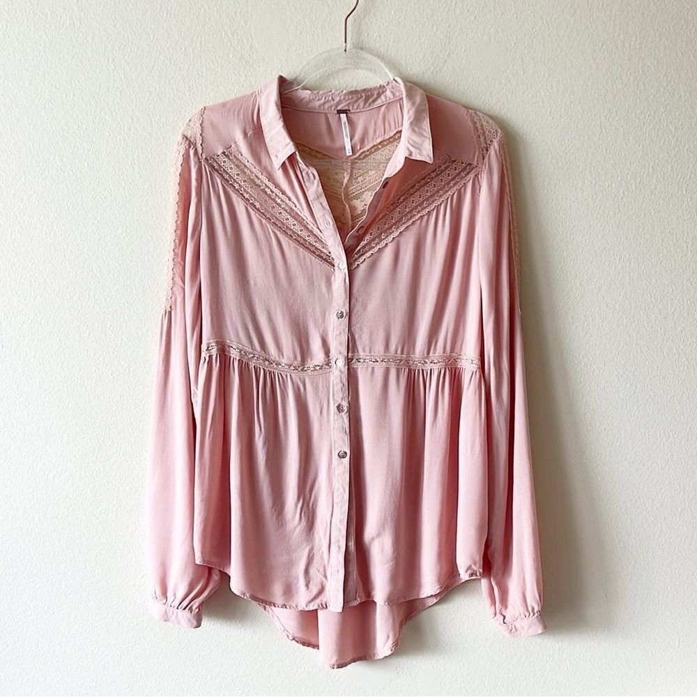 Free People Wild Wing Woven Lace Button Down Long Sleeve Flowy Top